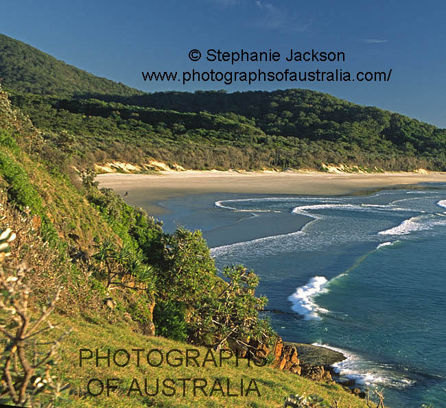 grassy head with beach, bay and coastal forests nsw australia